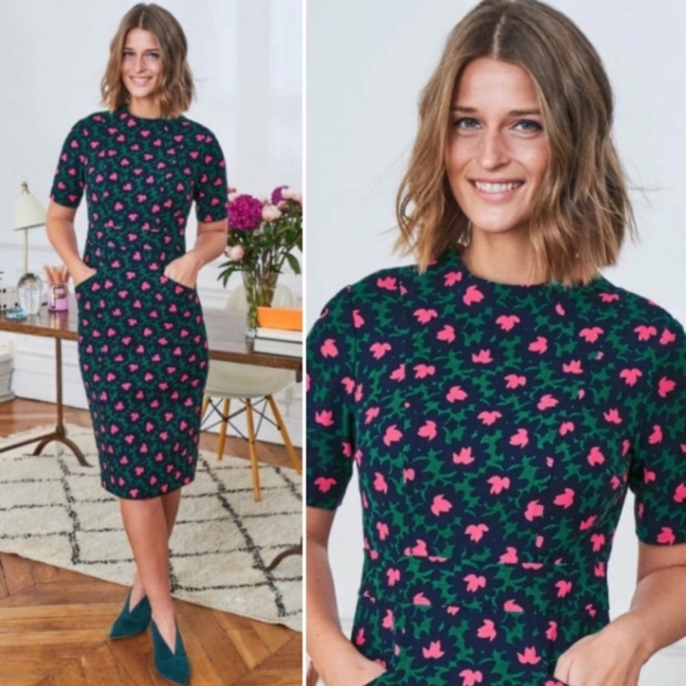 BODEN | Louise Textured Dress Forest Bloom Green Blue Pink Pockets Size8